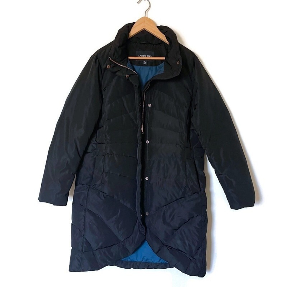 Lands End Womens Down Feathers Puffer Jacket Size L Black Mid Length Winter READ